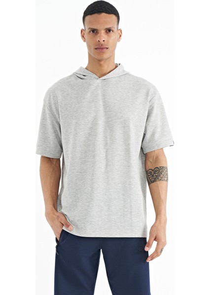 Gri Melanj Kapüşonlu Kol Etiket Detaylı Oversize Erkek T-shirt - 88179
