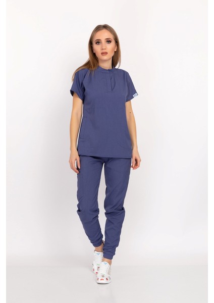 Fırtına Mavisi Renk Çıt Çıtlı Hakim Yaka Soft Likra Doktor, Hemşire, Hastane, Nöbet Forma Takım