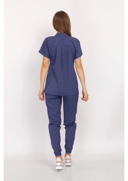 Fırtına Mavisi Renk Çıt Çıtlı Hakim Yaka Soft Likra Doktor, Hemşire, Hastane, Nöbet Forma Takım modelleri