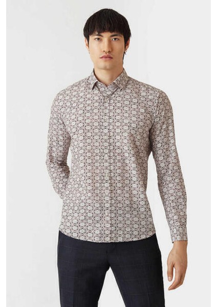 Erkek Regular Fit Uzun Kollu Desenli Spor Gömlek BEJ GM22Y221161_K07