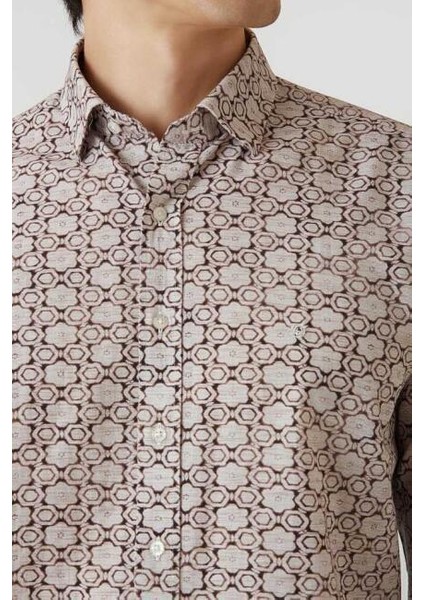 Erkek Regular Fit Uzun Kollu Desenli Spor Gömlek BEJ GM22Y221161_K07