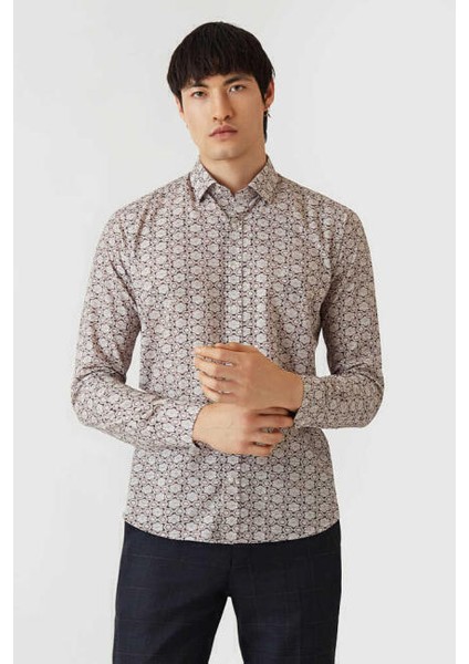 Erkek Regular Fit Uzun Kollu Desenli Spor Gömlek BEJ GM22Y221161_K07