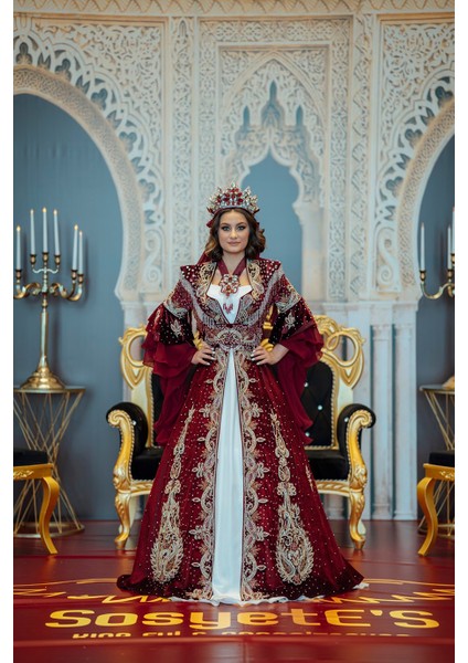 Bordo Gold Boncuk İşleme Kaftan Bindallı BRD21-1