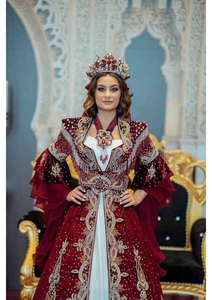 Bordo Gold Boncuk İşleme Kaftan Bindallı BRD21-1