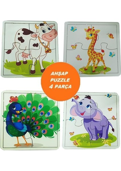 Woodylife Ilk Puzzlem Bebek Inek Zürafa Mor Fil ve Tavus Kuşu 4 Lü 4 Parça Puzzle Yapboz Eğitici Çocuk Oyuncak