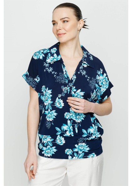 Polo Yaka Kısa Kollu Çiçek Desenli Bluz-Lacivert-Mavi fiyatları