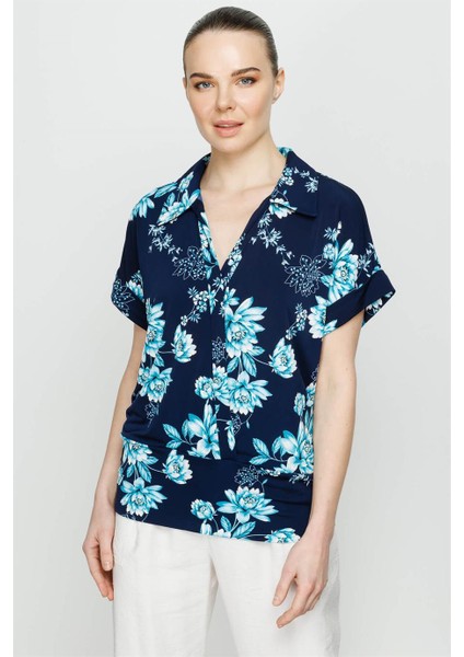 Polo Yaka Kısa Kollu Çiçek Desenli Bluz-Lacivert-Mavi indirimleri