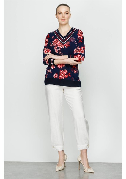 Önü Desenli Arkası Triko Kombinli Truvakar Kol Bluz-Lacivert - Pembe