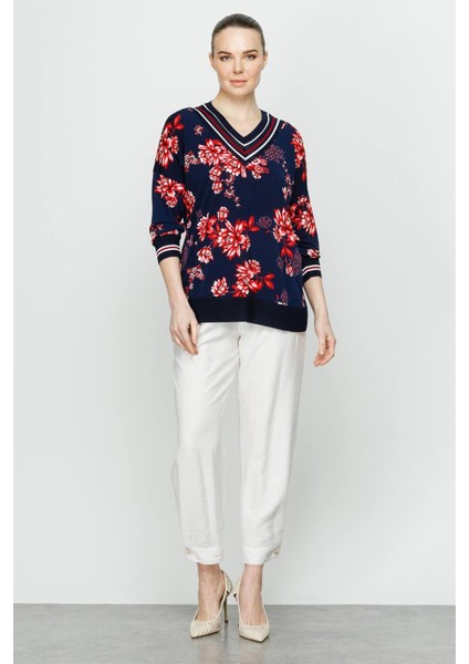 Önü Desenli Arkası Triko Kombinli Truvakar Kol Bluz-Lacivert - Pembe fiyatları