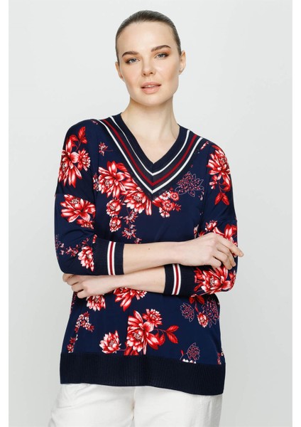 Önü Desenli Arkası Triko Kombinli Truvakar Kol Bluz-Lacivert - Pembe modelleri