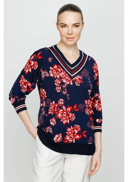 Önü Desenli Arkası Triko Kombinli Truvakar Kol Bluz-Lacivert - Pembe fırsatları