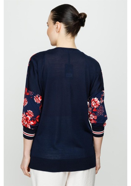 Önü Desenli Arkası Triko Kombinli Truvakar Kol Bluz-Lacivert - Pembe indirimleri