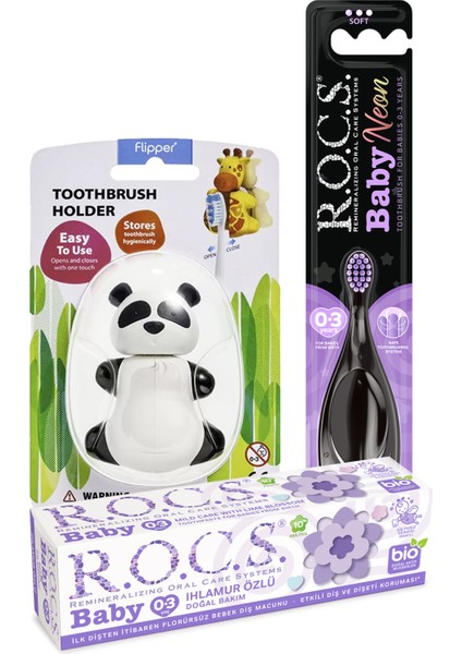 Baby Neon Komple Ağız Bakım Seti - Ihlamur Macun + Neon Fırçası Mor + Panda Saklama Kabı