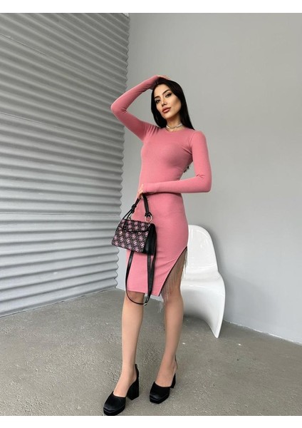 Foa Fashion Pembe Eteği Zincir Detay Bürümcük Elbise10