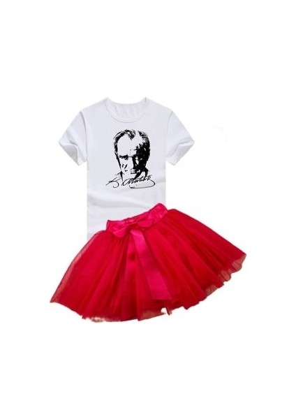 Kız Çocuk 23 Nisan 29 Ekim Gösteri Doğumgünü Kıyafeti Desenli Kısa Kol Beyaz T-Shırt Tütü Etek Takım fiyatları