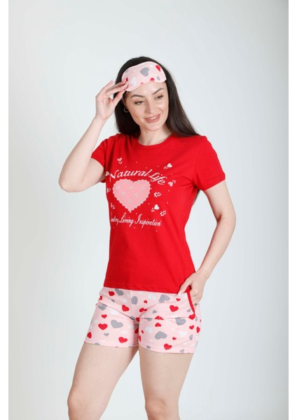 Kırmızı Şort Pijama Takımı + Göz Bandı