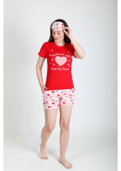 Kırmızı Şort Pijama Takımı + Göz Bandı