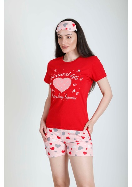 Kırmızı Şort Pijama Takımı + Göz Bandı