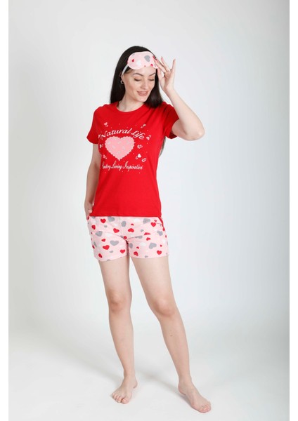 Kırmızı Şort Pijama Takımı + Göz Bandı