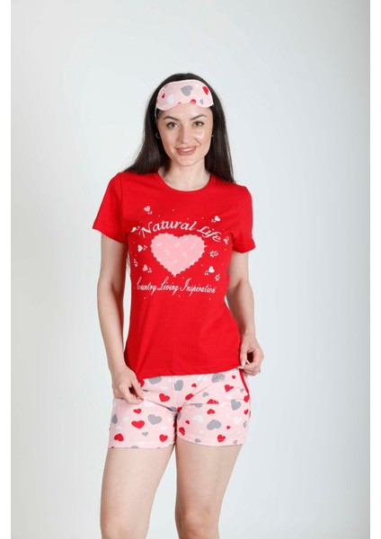 Kırmızı Şort Pijama Takımı + Göz Bandı