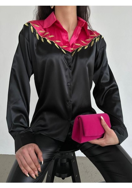 Siyah Nakış Detay Saten Gömlek10