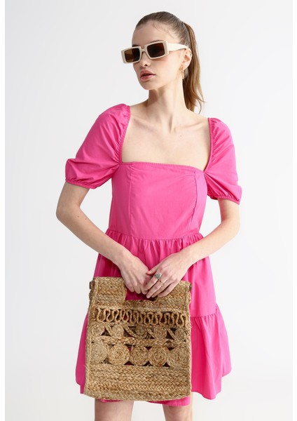 Kare Yaka Düz Pembe Mini Kadın Elbise Ponte-Y