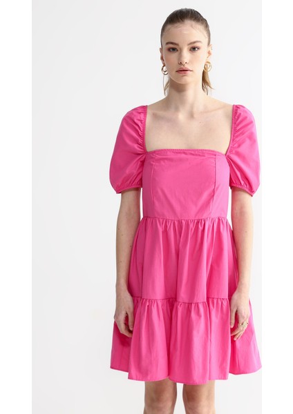 Kare Yaka Düz Pembe Mini Kadın Elbise Ponte-Y modelleri