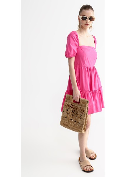 Kare Yaka Düz Pembe Mini Kadın Elbise Ponte-Y fırsatları