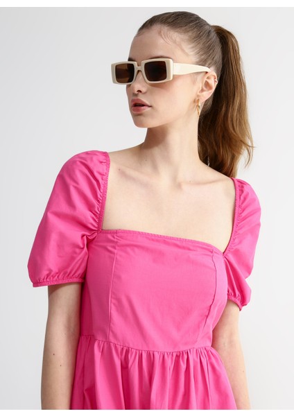 Kare Yaka Düz Pembe Mini Kadın Elbise Ponte-Y indirimleri