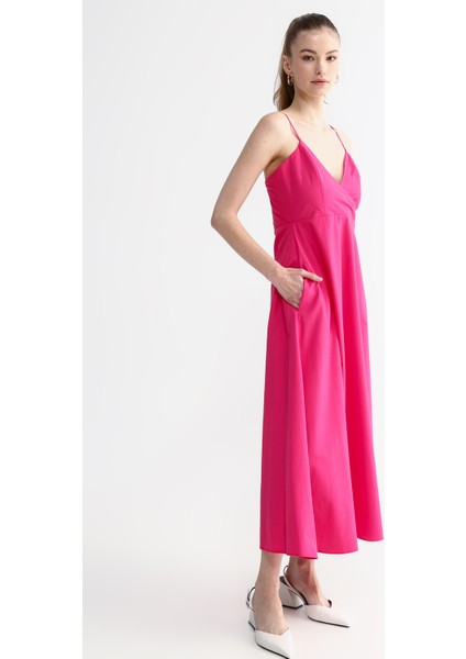 Kruvaze Yaka Düz Pembe Midi Kadın Elbise Zek-Y