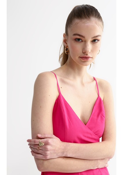 Kruvaze Yaka Düz Pembe Midi Kadın Elbise Zek-Y fiyatları