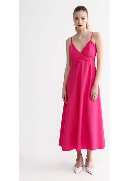 Kruvaze Yaka Düz Pembe Midi Kadın Elbise Zek-Y modelleri