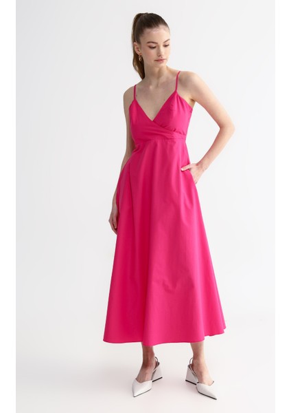 Kruvaze Yaka Düz Pembe Midi Kadın Elbise Zek-Y fırsatları