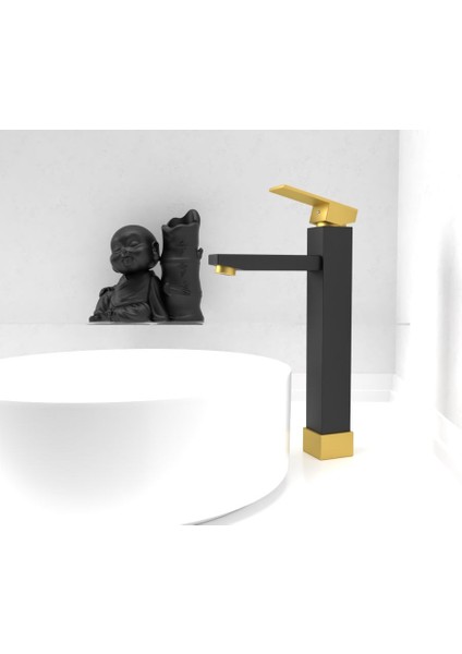 FAWER Faucet & Shower Gold Siyah Çanak Lavabo Bataryası Kare