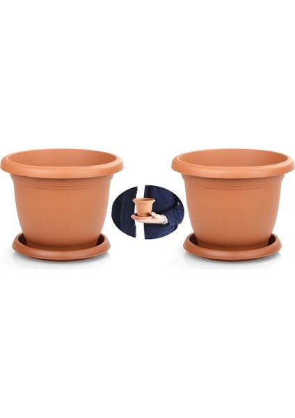 2 Adet Tabaklı Mini Saksı 0,6 Lt Kiremit