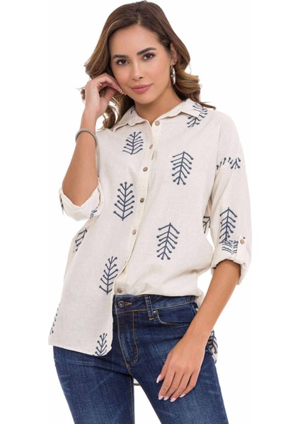 WH129 Nakış Detaylı Keten Kadın Gömlek10
