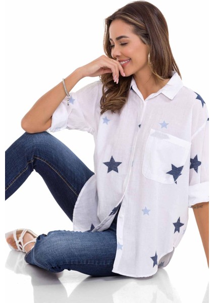 WH127 Yıldız Detaylı Oversize Keten Gömlek10