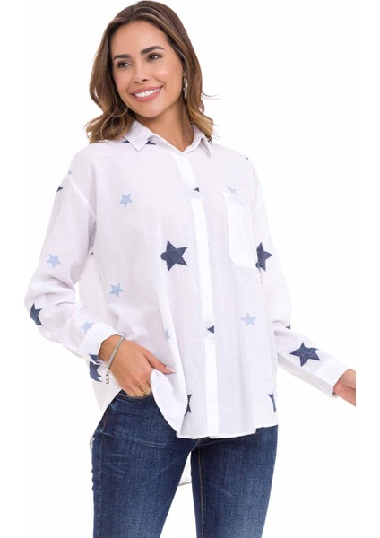 WH127 Yıldız Detaylı Oversize Keten Gömlek10 modelleri