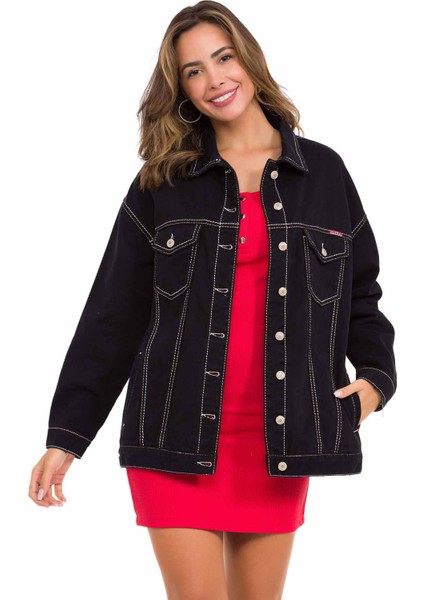 WJ211 Oversize Uzun Siyah Kadın Kot Ceket