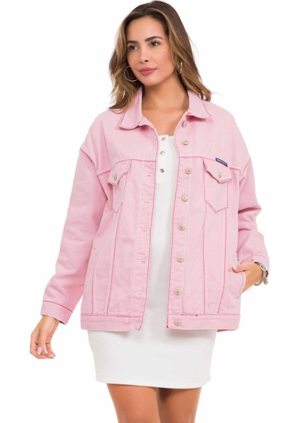 WJ211 Oversize Uzun Pembe Kadın Kot Ceket