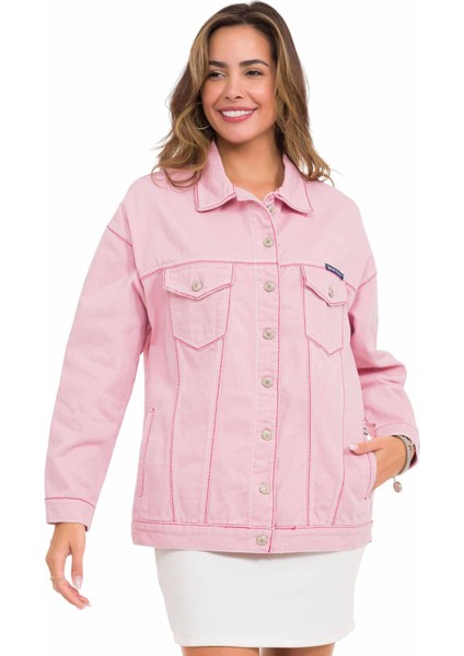 WJ211 Oversize Uzun Pembe Kadın Kot Ceket