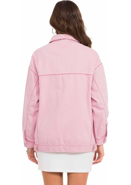 WJ211 Oversize Uzun Pembe Kadın Kot Ceket