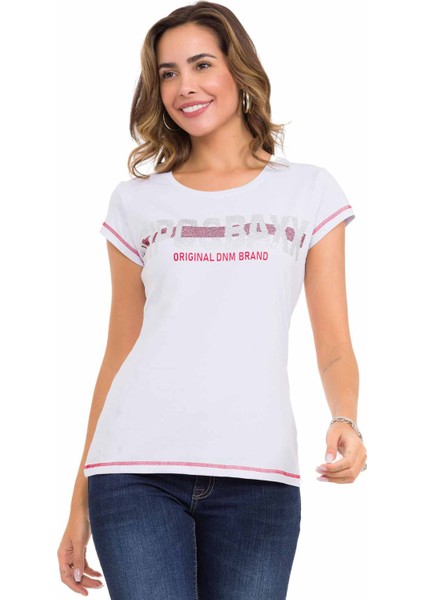 WT348 Taşlı Yazılı Basic Beyaz Tişört fiyatları