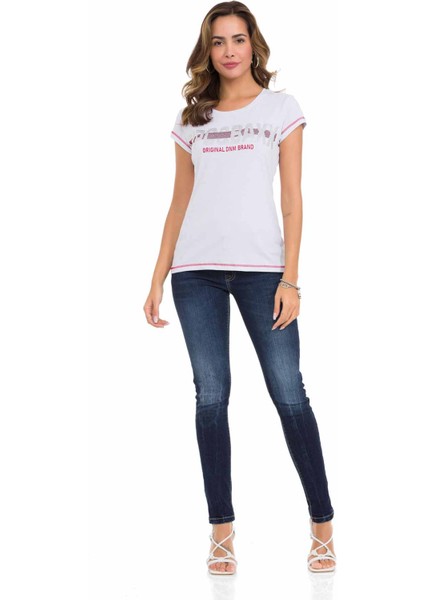 WT348 Taşlı Yazılı Basic Beyaz Tişört indirimleri