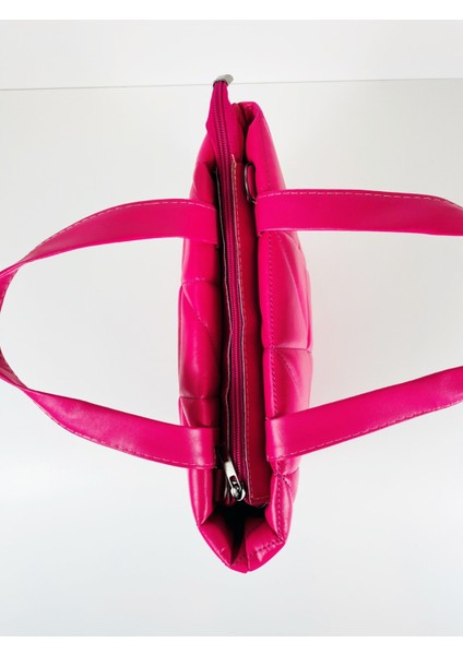 840-PMB Orta Boy Kapitone Desen Kadın Askılı Pembe Fermuarlı Tote Bag Alışveriş Çantası modelleri