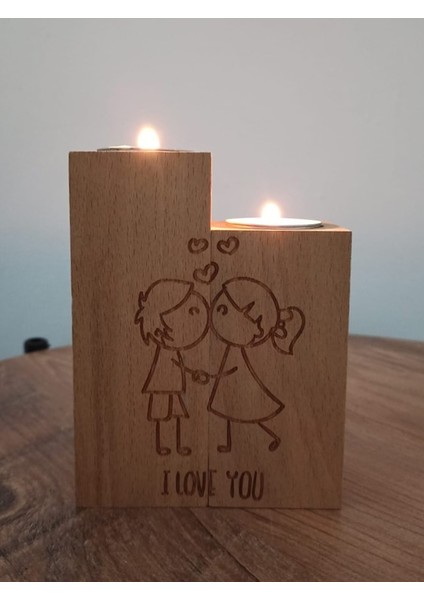 Aşk Motifli Dekoratif Ahşap Ikili Mumluk ve Hediye Iki Adet Mum