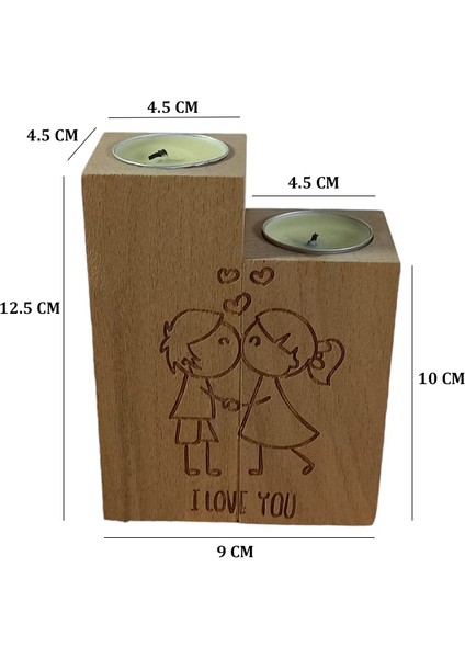 Aşk Motifli Dekoratif Ahşap Ikili Mumluk ve Hediye Iki Adet Mum