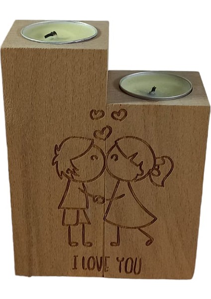 Aşk Motifli Dekoratif Ahşap Ikili Mumluk ve Hediye Iki Adet Mum