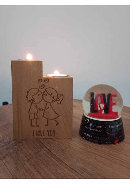 Aşk Motifli Dekoratif Ahşap Ikili Mumluk ve Hediye Iki Adet Mum