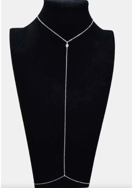 Kararmaz Kopmaz Tek Taş Detaylı Gümüş Renk Body Chain - Vücut Zinciri -Vücut Kolyesi